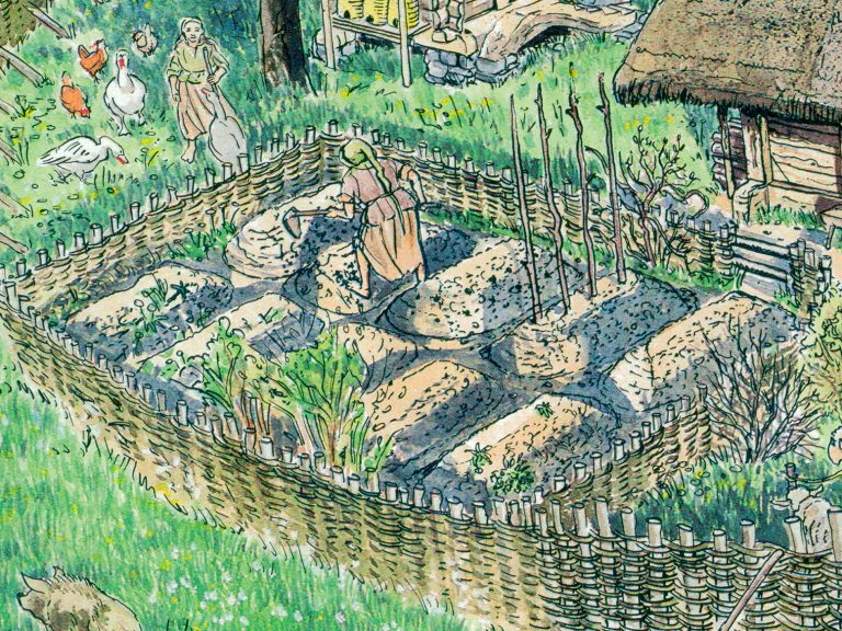 Dorf02 Bauerngarten mit Huegelbeeten Alltag im Mittelalter